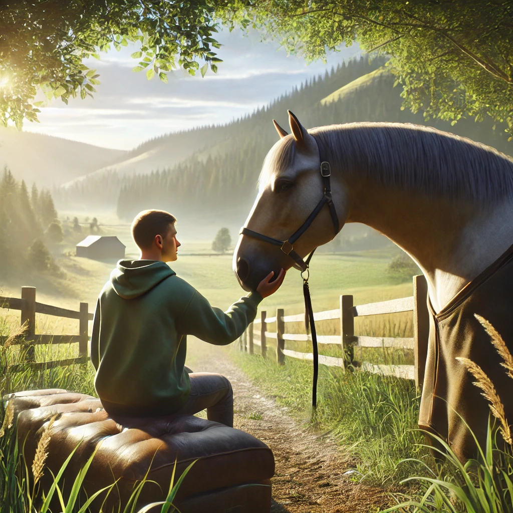 DALL·E 2024-10-20 08.54.45 - A realistic photograph of a calm and serene countryside setting with green fields and trees. A person gently interacts with a calm horse in a therapeu